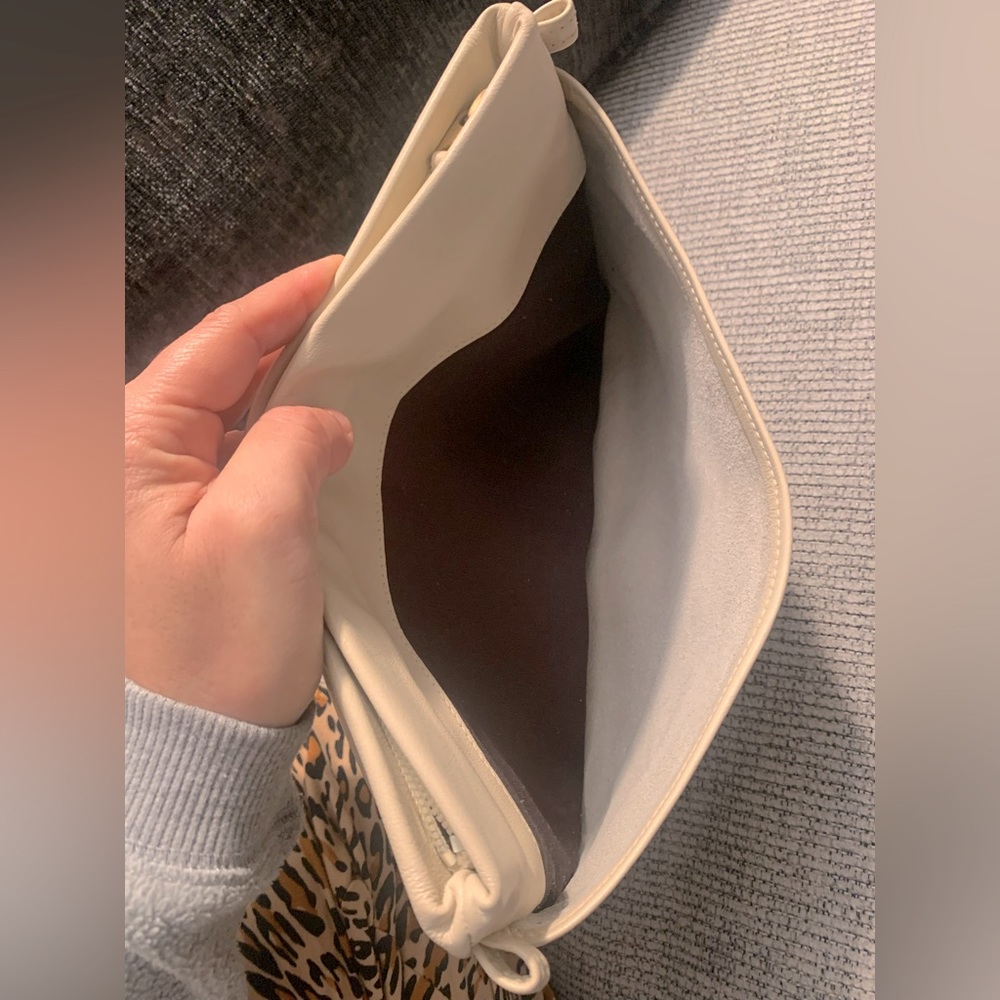 Cream Minimalist Pouch Clutch Bag Two Compartment Zip Cosmetic Travel Organizer - Picture 3 of 8